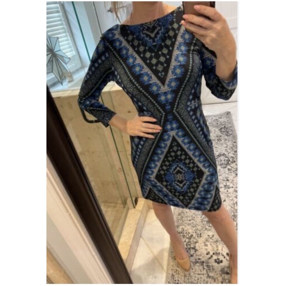 Karen Kane Blue Chevron Jersey Knit Shift Dress L 4L24565